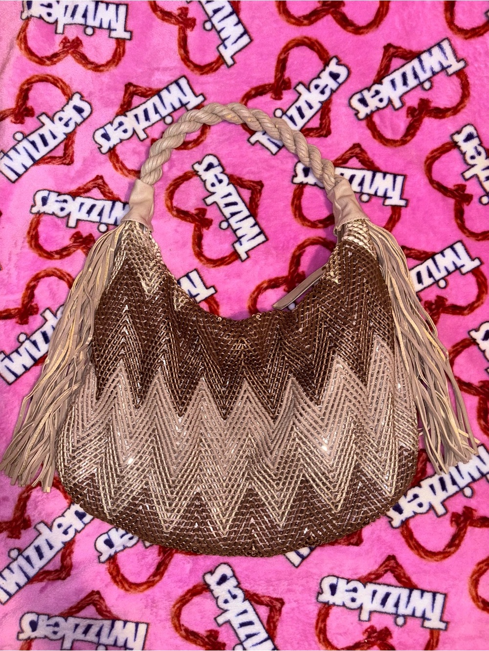 Big Buddha 🤎 Slouchy Metallic Chevron Fringe Hobo Shoulder Bag